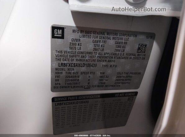 LRBFXCSAXLD108439 2020 BUICK ENVISION White Widok komory silnika