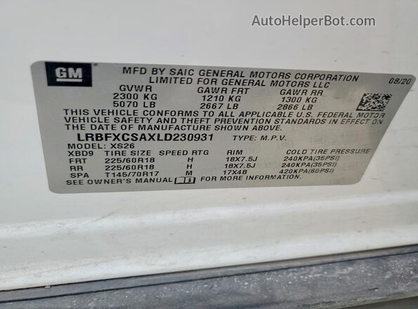 LRBFXCSAXLD230931 2020 BUICK ENVISION Белый Вид наклейки с VIN-кодом
