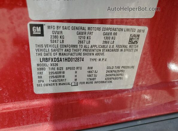 LRBFXDSA1HD012874 2017 BUICK ENVISION Red VIN sticker view