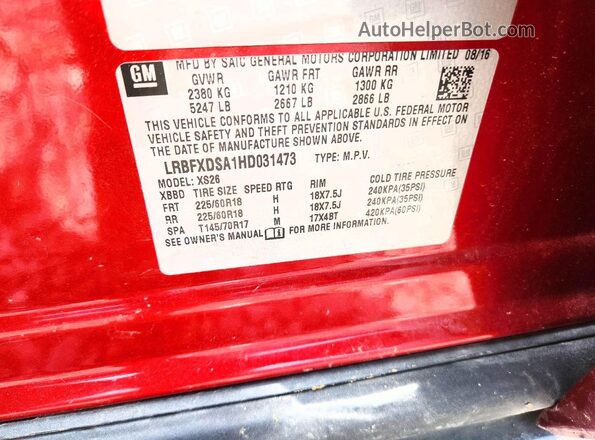 LRBFXDSA1HD031473 2017 BUICK ENVISION Burgundy VIN կոդի պիտակի տեսք