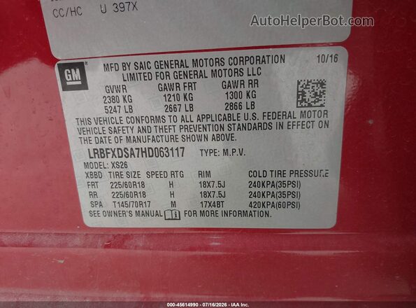 LRBFXDSA7HD063117 2017 BUICK ENVISION Red Շարժիչի բաժամունքի տեսք
