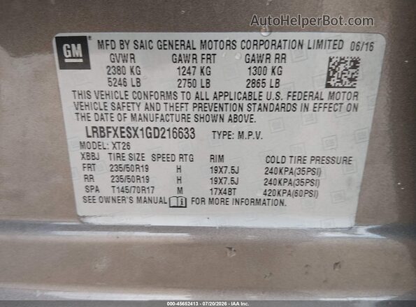 LRBFXESX1GD216633 2016 BUICK ENVISION Brown ძრავის განყოფილების ხედი