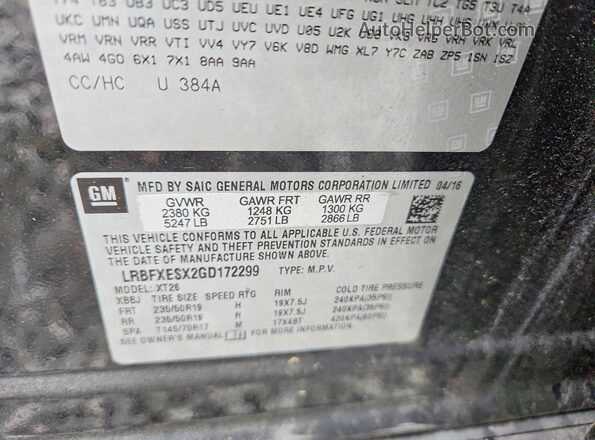LRBFXESX2GD172299 2016 BUICK ENVISION Black Vista de la etiqueta del VIN