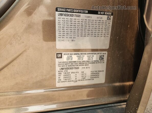 LRBFXESX3GD175020 2016 BUICK ENVISION Brown Widok naklejki z numerem VIN