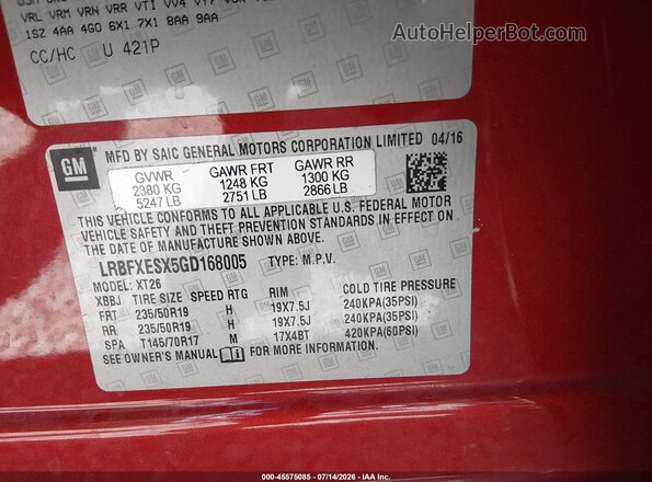 LRBFXESX5GD168005 2016 BUICK ENVISION Red Вид підкапотного простору