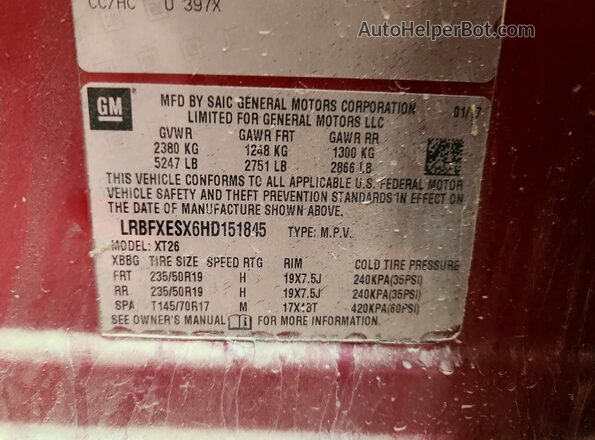 LRBFXESX6HD151845 2017 BUICK ENVISION Red Vista de la etiqueta del VIN
