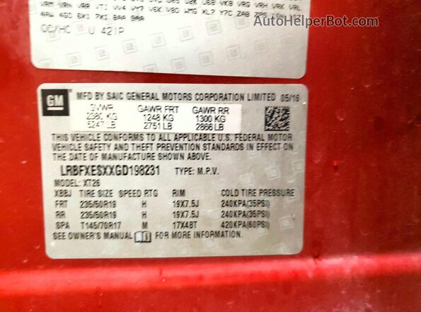 LRBFXESXXGD198231 2016 BUICK ENVISION Red VIN sticker view