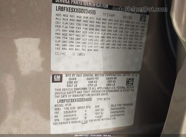 LRBFXESXXGD234905 2016 BUICK ENVISION Beige Widok komory silnika