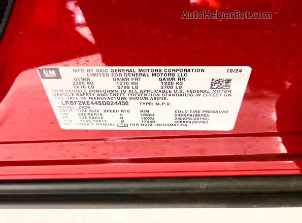 LRBFZKE44SD024450 2025 BUICK ENVISION Maroon Widok naklejki z numerem VIN