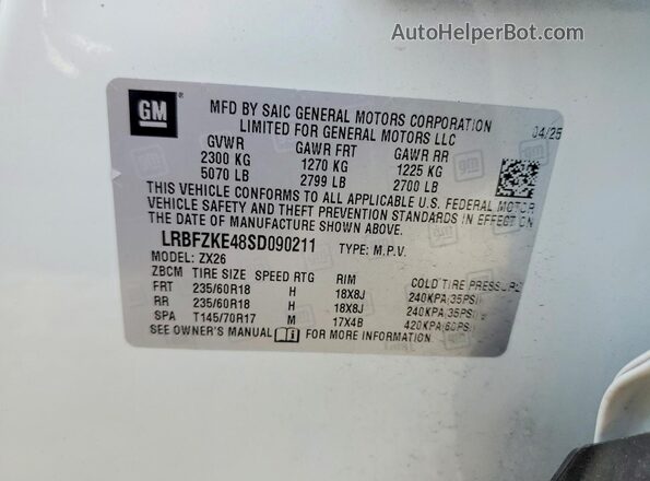 LRBFZKE48SD090211 2025 BUICK ENVISION White Вид наклейки з VIN-кодом