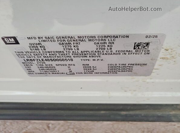 LRBFZLE48SD060518 2025 BUICK ENVISION White Vista de la etiqueta del VIN