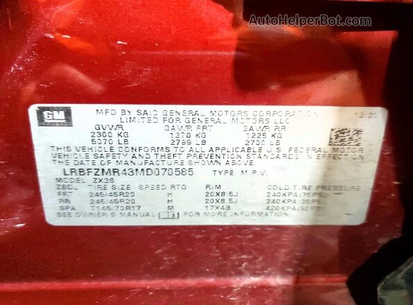 LRBFZMR43MD070585 2021 BUICK ENVISION Maroon Vista de la etiqueta del VIN