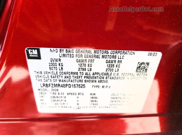 LRBFZMR48PD167625 2023 BUICK ENVISION Бордовый Вид наклейки с VIN-кодом