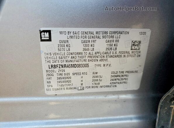 LRBFZNR46MD083305 2021 BUICK ENVISION Silver Vista de la etiqueta del VIN