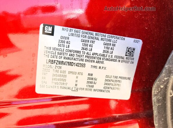 LRBFZNR47MD142393 2021 BUICK ENVISION Maroon VIN კოდის სტიკერის ხედი