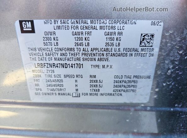 LRBFZNR47ND141701 2022 BUICK ENVISION Gray VIN կոդի պիտակի տեսք