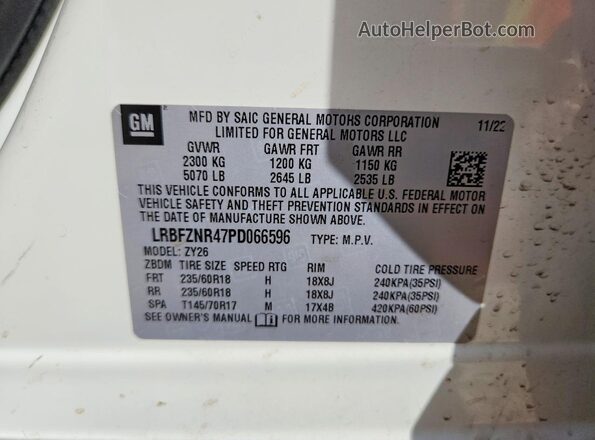 LRBFZNR47PD066596 2023 BUICK ENVISION White VIN კოდის სტიკერის ხედი