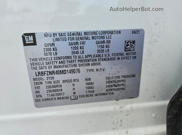LRBFZNR48MD149076 2021 BUICK ENVISION White Widok naklejki z numerem VIN