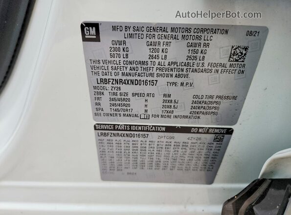 LRBFZNR4XND016157 2022 BUICK ENVISION White Вид наклейки з VIN-кодом