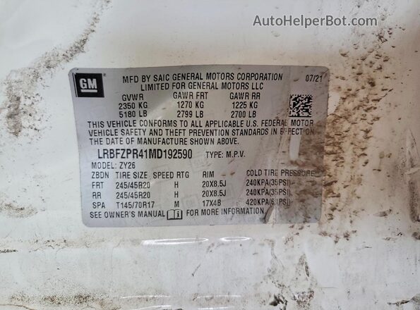 LRBFZPR41MD192590 2021 BUICK ENVISION White Vista de la etiqueta del VIN