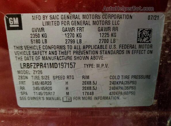LRBFZPR41MD197157 2021 BUICK ENVISION Red VIN კოდის სტიკერის ხედი