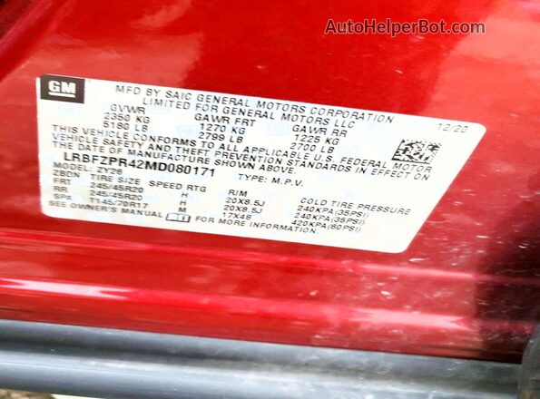 LRBFZPR42MD080171 2021 BUICK ENVISION Red Вид наклейки з VIN-кодом