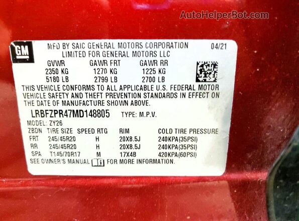 LRBFZPR47MD148805 2021 BUICK ENVISION Red Vista de la etiqueta del VIN