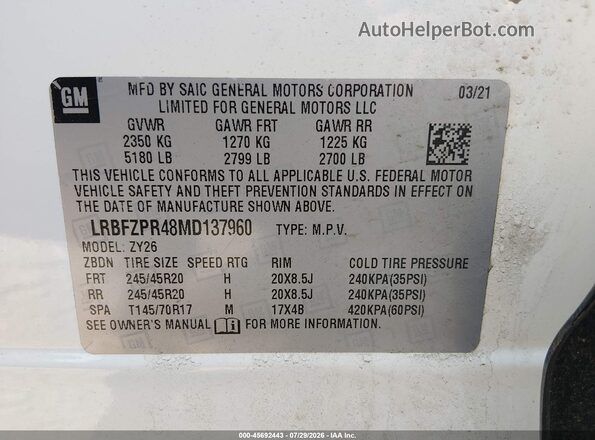 LRBFZPR48MD137960 2021 BUICK ENVISION White ძრავის განყოფილების ხედი