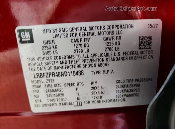 LRBFZPR48ND115488 2022 BUICK ENVISION Красный Панорамный вид салона 360°