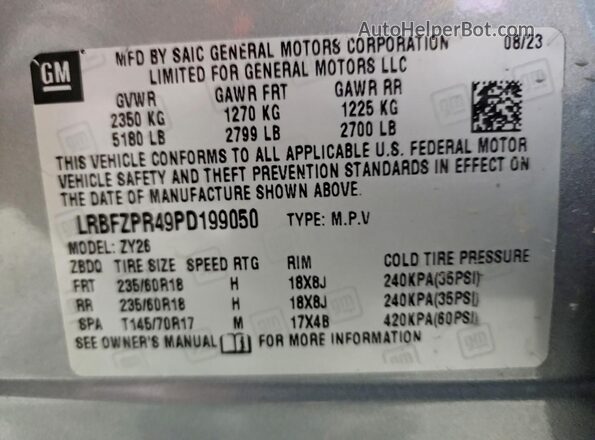 LRBFZPR49PD199050 2023 BUICK ENVISION Gray VIN კოდის სტიკერის ხედი