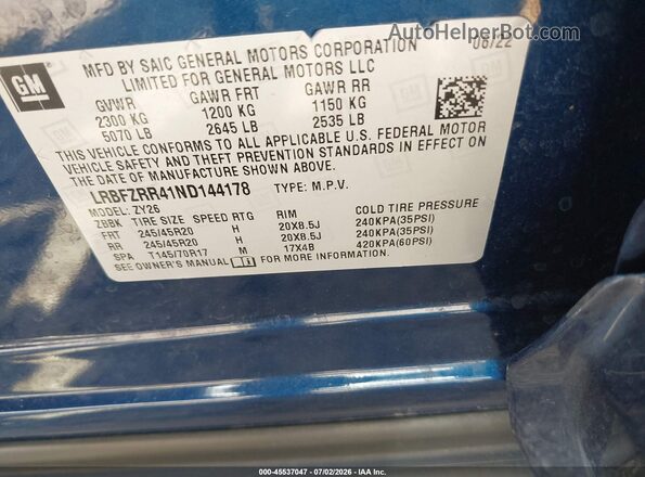 LRBFZRR41ND144178 2022 BUICK ENVISION Blue ძრავის განყოფილების ხედი