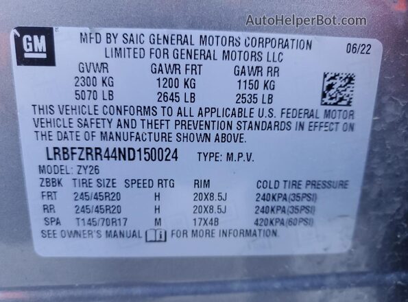 LRBFZRR44ND150024 2022 BUICK ENVISION Gray VIN კოდის სტიკერის ხედი