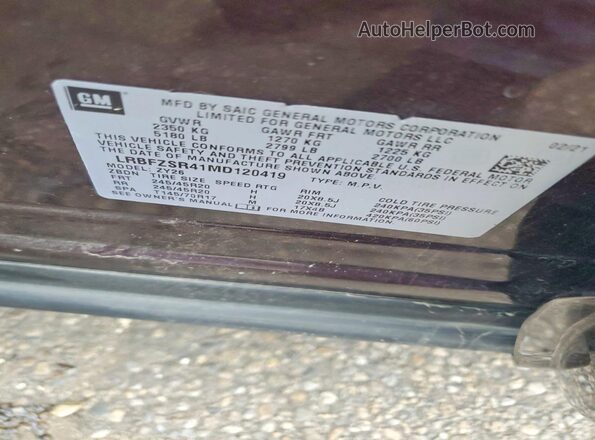 LRBFZSR41MD120419 2021 BUICK ENVISION Бордовый Вид наклейки с VIN-кодом