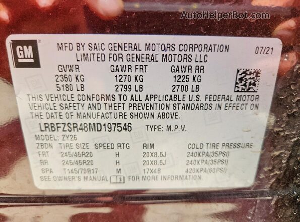 LRBFZSR48MD197546 2021 BUICK ENVISION Темно-бордовый Вид наклейки с VIN-кодом