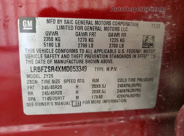 LRBFZSR4XMD053349 2021 BUICK ENVISION Бордовый Вид наклейки с VIN-кодом