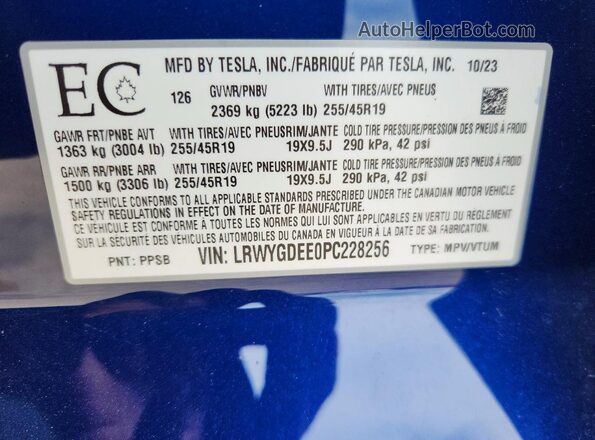 LRWYGDEE0PC228256 2023 TESLA MODEL Blue VIN կոդի պիտակի տեսք