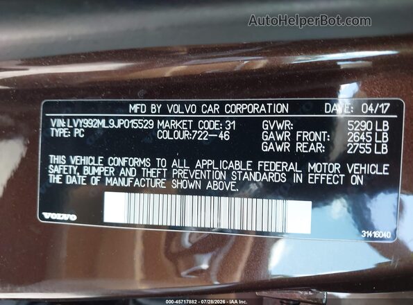 LVY992ML9JP015529 2018 VOLVO S90 Brown Engine compartment view