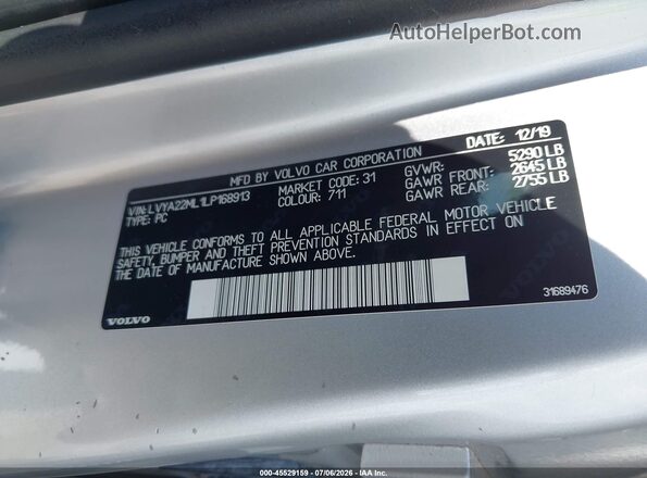 LVYA22ML1LP168913 2020 VOLVO S90 Silver Widok komory silnika