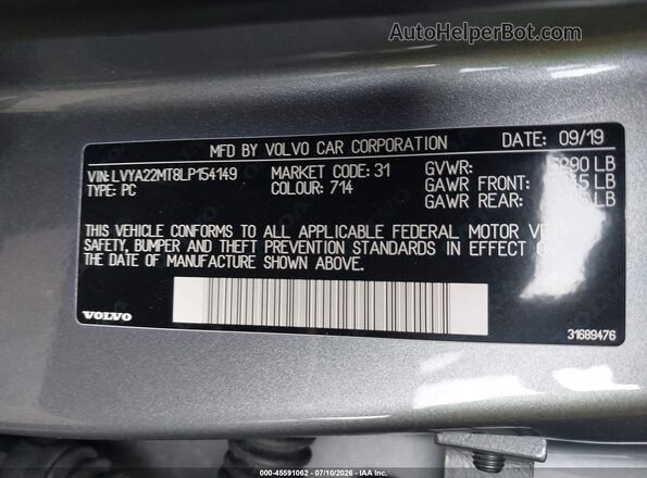 LVYA22MT8LP154149 2020 VOLVO S90 Gray ძრავის განყოფილების ხედი