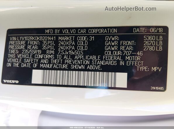 LYV102RK0KB201441 2019 VOLVO XC60 White Engine compartment view