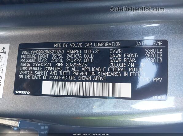 LYV102RK9KB219243 2019 VOLVO XC60 Gray Engine compartment view