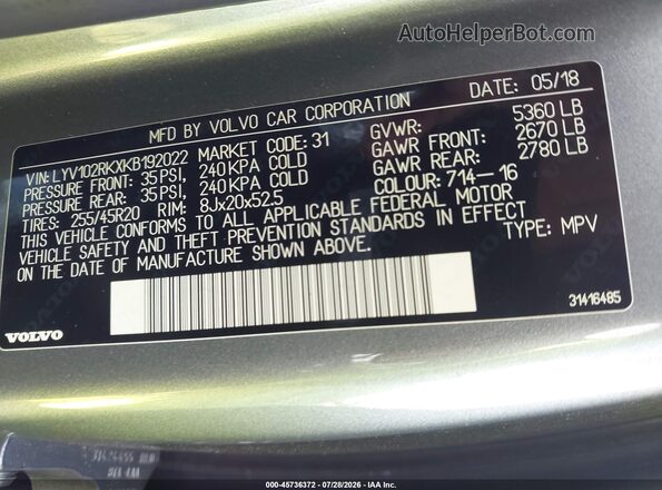 LYV102RKXKB192022 2019 VOLVO XC60 Gray Widok komory silnika