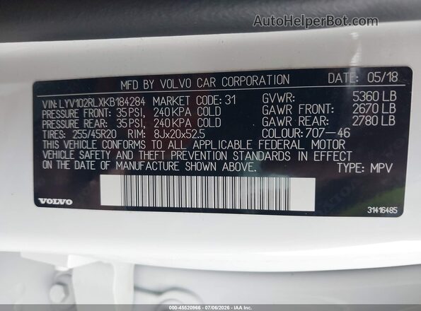 LYV102RLXKB184284 2019 VOLVO XC60 White Widok komory silnika