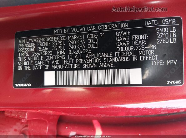 LYVA22RK0KB196333 2019 VOLVO XC60 Red Շարժիչի բաժամունքի տեսք