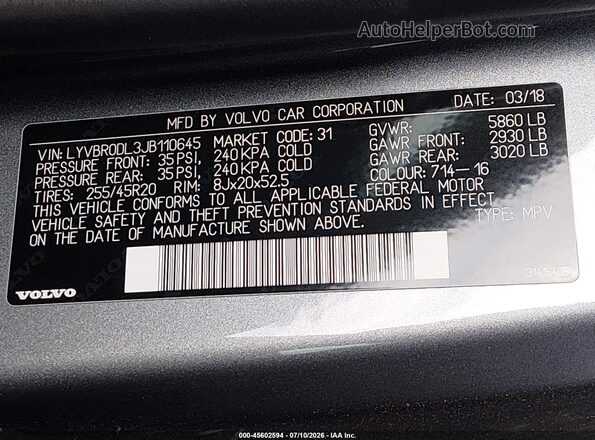 LYVBR0DL3JB110645 2018 VOLVO XC60 HYBRID Gray Engine compartment view