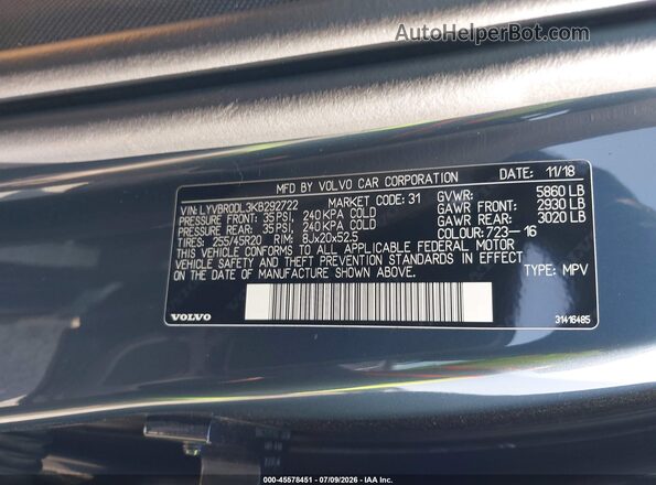 LYVBR0DL3KB292722 2019 VOLVO XC60 HYBRID Blue ძრავის განყოფილების ხედი