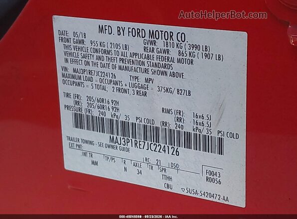 MAJ3P1RE7JC224126 2018 FORD ECOSPORT Red ძრავის განყოფილების ხედი