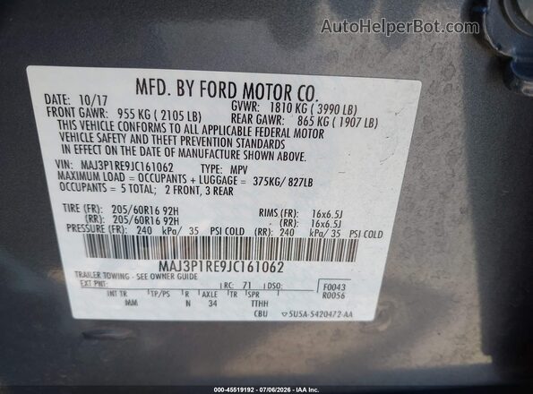MAJ3P1RE9JC161062 2018 FORD ECOSPORT Gray Вид підкапотного простору