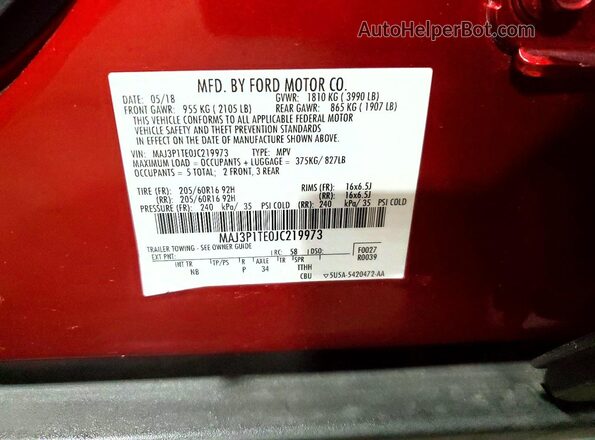 MAJ3P1TE0JC219973 2018 FORD ECOSPORT Красный Вид наклейки с VIN-кодом