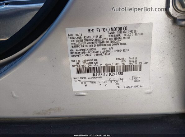MAJ3P1TE1JC244588 2018 FORD ECOSPORT Silver Vista del compartimento del motor